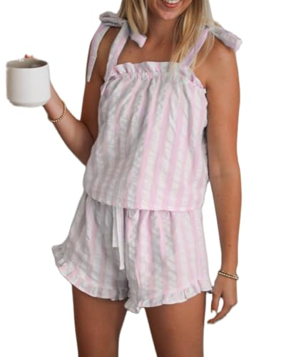 Women 2 Piece Pajama Set Tie Shoulder Peplum Cami Top Ruffle Coquette Pj Set Floral Babydoll 2 Piece Shorts Outfit