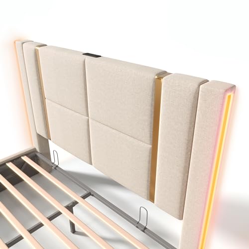 Dolamaní Polsterbett Bett 160x200 cm mit Lattenrost Beige, Doppelbett mit Stauraum, Schlafzimmer Boxspringbett, Lattenrost aus Holz, Kopfteil im Liniendesign – Bild 7