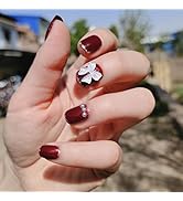 Yalice Glossy Pearl Fake Nails Red Short Press on Nails Acrylic Full Cover Nail Tips Glitter Inst...