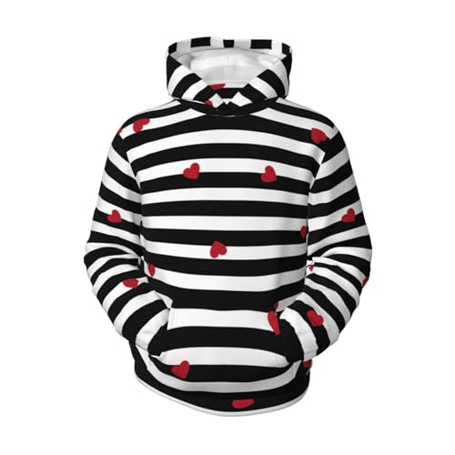 Black White Stripes Red Hearts Boy, Girls Sports Shirt Youth Pullover Fashion Hooded Sweatshirt4