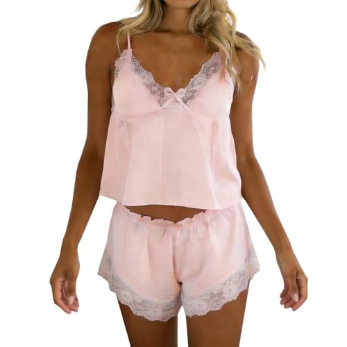 Image of ROAONOCOMO Women Lace Trim Pj Shorts Set Square Neck Coquette Tank Top Silk Satin Pajama Set Babydoll 2 Piece Shorts Outfit