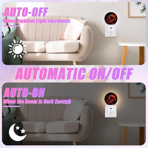 Image of Red Dragon Night Light LED Lamp Round Plug into Wall Nightlight with Dusk to Dawn Sensor Home Hallway Stairway Kitchen Decor