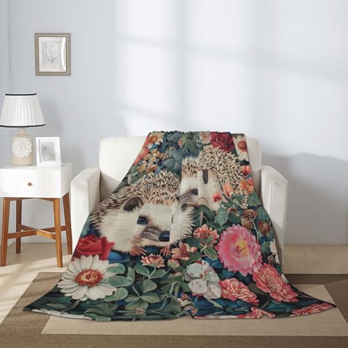 Couverture flanelle hérissons et fleurs douce pour lit et canapé