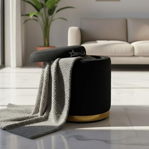 Image of Velvet Round Single Strip Ottoman Office Stool Foot Rest Stool Velvet Fabric Padded Seat Pouf Ottoman 13 X 13X 16 inch, in Round Shape for Living Room Black