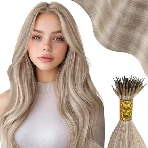 Moresoo Nano Hair Extensions Human Hair Ash Blonde with Platinum Blonde Nano Beads Human Hair Extensions 22 Inch 1g/s 50g/Pack #P18/613