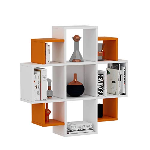 HOMIDEA Bloom Étagère Murale - Étagère à Livres pour décoration de Salon en Bois - Design Moderne (Blanc/Orange)
