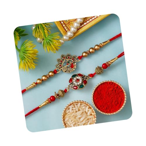 Image of eCraftIndia Set of 2 Kundan Beads Beautiful Peacock Designer Rakhis with Roli Chawal Pack