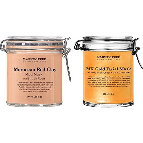 MAJESTIC PURE Moroccan Red Clay Mud Mask and 24K Gold Facial Mask Bundle - Natural Skin Care Package for Pore Cleansing