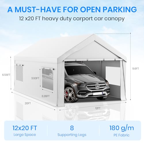 Carport 10x20 Heavy Duty Portable Garage,Carport Canopy with Roll-Up Windows & Doors,Portable Garage and Shelter with Removable Sidewalls,Car Tent Garage with All-Season Tarp for Bike Truck Lawnmower