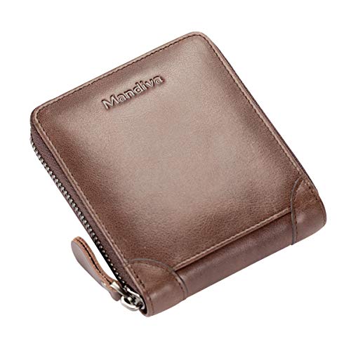 Mandiva 財布 カードケース 本革 メンズ 小銭入れ コンパクト 横型ラウンドファスナー (ブラウン)