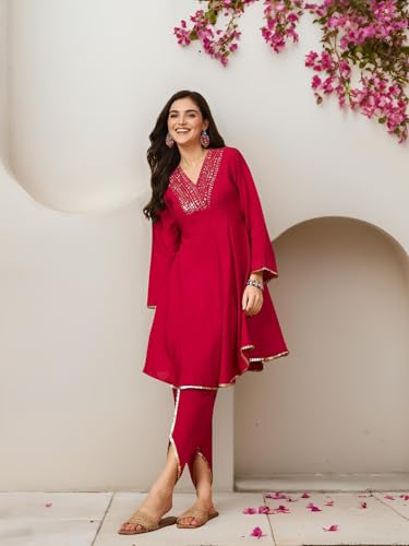 Ishin Women Sequin V-Neck Embellished Knee Length Flared Kurta With Dhoti Pants
