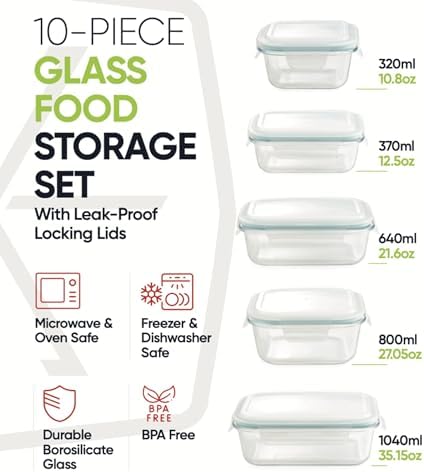 DURA LIVING Airtight Glass Food Storage Containers with Lids - 10 Piece Set, Borosilicate Glass Meal Prep Containers, Leak Proof, Oven Microwave Freezer Dishwasher Safe, BPA-Free - Thumbnail 3