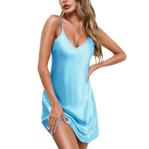 Marvmys Women's Satin Nightgown Sexy Lingerie Silk Slip Dress V Neck Chemise Mini Nighty Blue Large