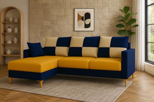Image of CASASTYLE Brogan 4 Seater Fabric LHS L Shape Sofa Set (Yellow-Dark Blue) in Premium Velvet Finish | Durable Comfort | Ideal for Living Room