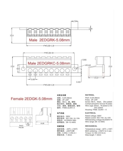 Regleta de conexión aérea 2EDG/15EDGRKC de 5.08mm para cableado modular en PCB 3