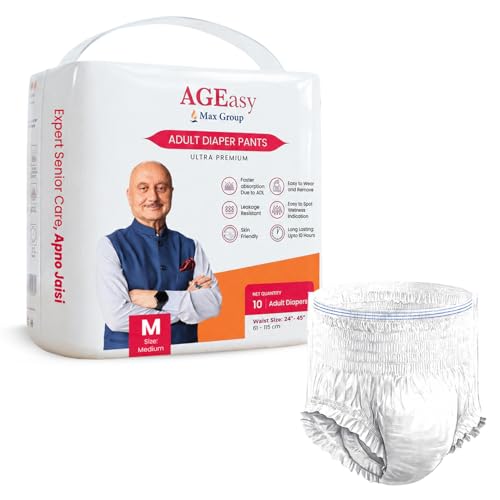 AGEasy (Max Group) Unisex Adult Diaper Pants | M (Waist 24-45 inches) | 10 Units | Overnight Leak Protection | Wetness Indicator | Odour Lock | Anti-B
