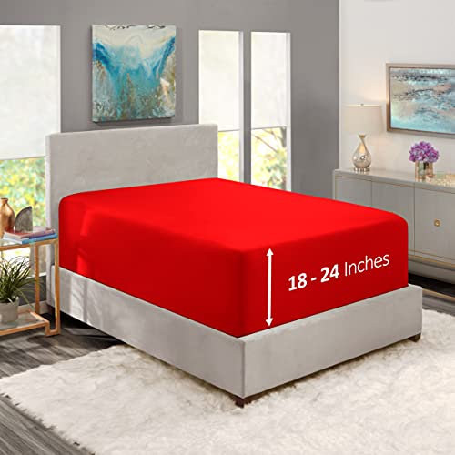 Image of Hearth & Harbor Extra Deep Pocket Full Fitted Sheet - Fits 18 to 24 Inch Mattress - Ultra Soft 1800 Microfiber, Wrinkle-Free & Breathable - Hotel Luxury Fitted Sheet Only, Red