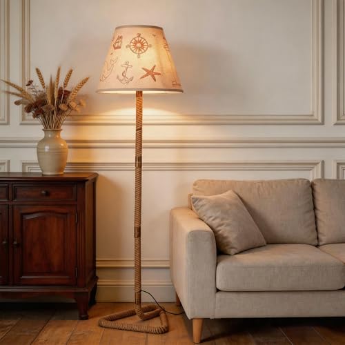 lotoo Nautical Floor Lamp Modern Rustic Standing Lamp for Living Room Bedroom Office Corner Foot Switch Linen Shade with Ocean Theme Pattern Hemp Cordage Rope Tall Lamp Body Bulb Not Included
