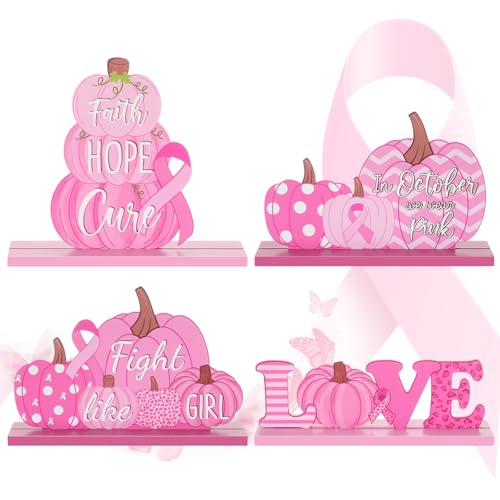 Amyhill 4pcs Breast Cancer Awareness Wooden Centerpiece Pink Pumpkins Ribbon Wooden Decoration Breast Cancer Table Topper Decoration Women Charity Party Supplies Inspirational Pink Ribbon Centerpieces