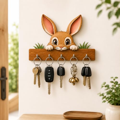 Image of placid & co. Cute Bunny Wooden Key Holder for Wall Hanging | Decorative Rabbit Key Hanger with Hooks | Key Stand for Home Entrance | Wall Mounted Key Organizer | Home Decor Gift
