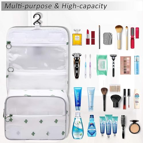 Image of Travel Toiletry Bag with Hanging Hook, Waterproof Cosmetic Organizer Pouch, Foldable Makeup Storage Case with Mesh & Transparent Compartments, Portable Travel Accessories Bag (White White)