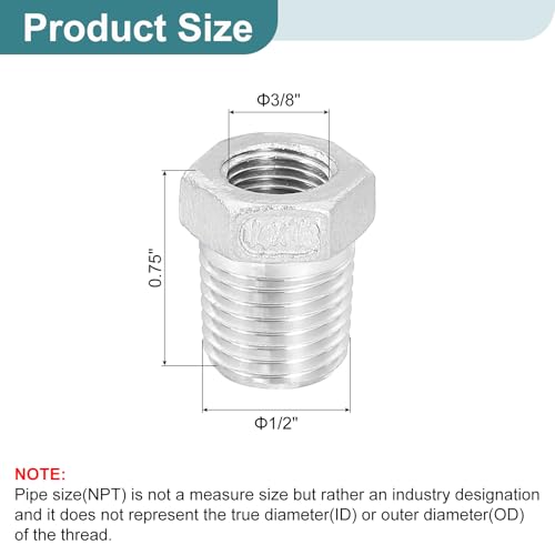 Image of uxcell 1Pcs 1 /4 inch Male to 1 /8 inch Female NPT 304 Stainless Steel Reducer Hex Bushing, Reducing Cast Pipe Adapter Fitting for industrial, oil /gas, water, HVAC, and plumbing systems