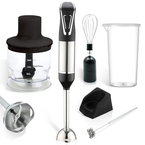 Juego de licuadora de inmersión portátil inalámbrico 5 en 1, potencia de trituración de hielo con control de velocidad de un solo toque, viene con triturador de papas, batidor, picador, vaso de