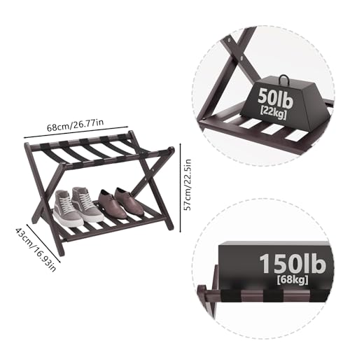Smuxee Fully Assembled Brown Luggage Racks Pack of 2, Upgraded Bamboo Foldable Suitcase Stand with 5 Nylon Straps, Luggage Holder with Shelf for Guest Room Bedroom Hotel