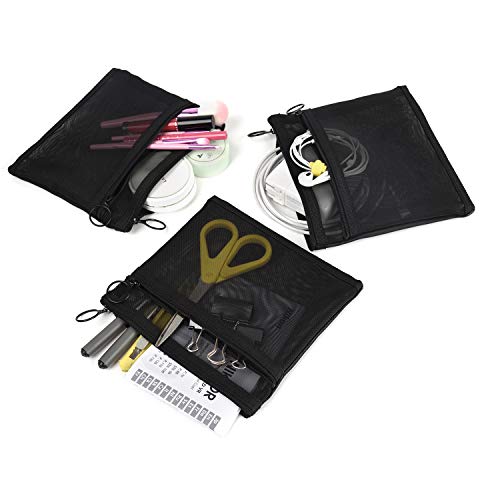 Patu Double-Pouch Zipper Mesh Bags, 3 Pieces Size M - Pencils Office Documents Classifying and Collecting, Cosmetic Travel Kit Organizer Pouch, Black