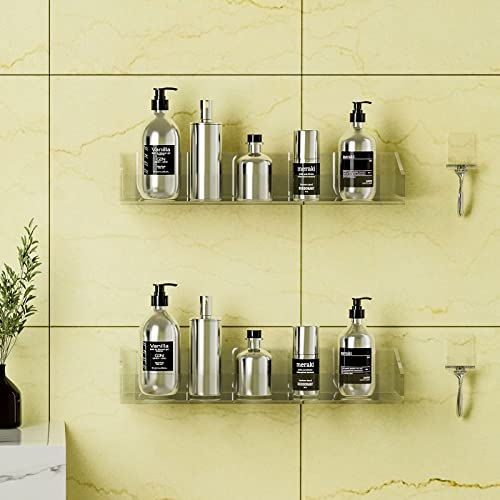 Sinminou Acrylic Shower Caddy Shelf 2- Pack Of Traceless Adhesive Wall Mounted, No Drilling And Anti-Rust, Clear Storage Rack For Shampoo Holder, Floating Acrylic Bathroom Shelves With Hooks For Razor #TOP4