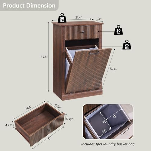 Image of IFBUY Modern Tilt Out Laundry Hamper Cabinet, 10 Gallon Fluted Trash Can Cabinet with Drawer, Wooden Hidden Garbage Can Cabinets with Laundry Basket, Free Standing for Bathroom and Kitchen, Brown
