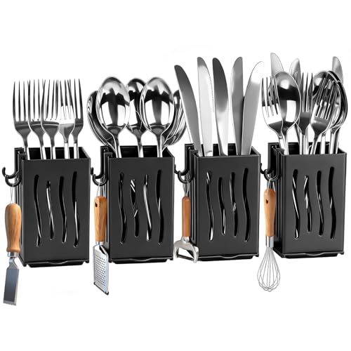 IWNTWY Utensil Drying Rack, 4Pcs Wall Mounted Utensil Holder Kitchen Drainage Basket Accessories, Plastic Dish Drainer Cutlery Knife Fork Spoon Holder Organizer, with Drain tray and Hooks