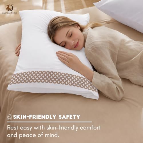 Image of Pure Cotton 500 TC Bag Type Pillow Cover Set | Greek Embroidered Pillow Cover Set | Percale Weave | 18 X 27 Inches (2, Beige Lattice Border)