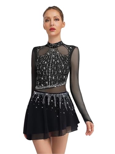 Yhong Damen Eiskunstlauf Kleid Langarm Kürkleid mit Strasssteine Mesh Spleiß Tanzkleider Glitzer Trikot mit Gefaltet Röckchen Wettbewerb...