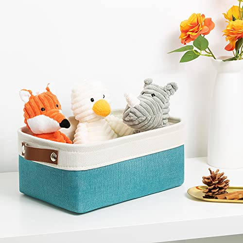 Image of DULLEMELO Small Storage Basket for Organizing, Collapsible Fabric Basket for Shelves, Closets, Laundry, Nursery, Decorative Basket for Gifts Empty (White&Teal)