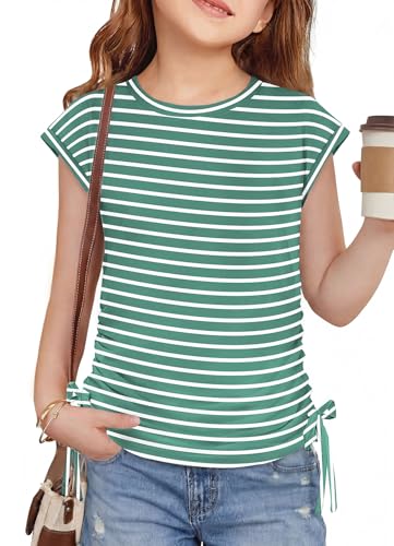 Arshiner Girls Ruched Tops Summer Casual Cap Sleeve Tshirts Striped Shirts Dressy Fashion Outfits Trendy Clothes Light Green Stripe 7-8 Years