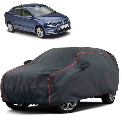 Image of Sulfar 100% Water Resistant Car Body Cover Compatible with Mirror for Volkswagen Ameo (Triple Stitched, Full Bottom Elastic, Dark Grey Taffeta with Red Piping)