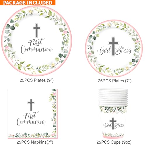 First Communion Decorations, Paper Plates,Napkins and Cups (Serves 25), First Communion Decorations for Girls,First Holy Communion Decorations — view 4