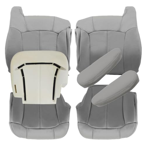 SecosAutoparts Driver & Passenger Bottom & Top Lean Back & Armrest & Driver Foam Cushion Gray#922 Leather Seat Cover Compatible with Chevy Silverado Tahoe Sierra Suburban Avalanche 1999 2000 2001 2002