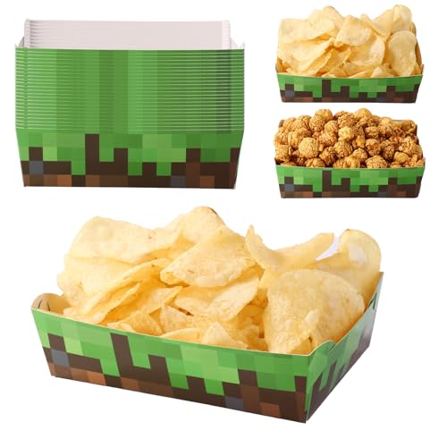 Boxob 24uds Bandejas Comida Fiestas Píxeles, Bandejas Servir Comida Temática Mineros Píxeles Impermeables Prueba Grasa Papel Marrón Y Verde Refrigerios Regalos Decoraciones Fiestas Cumpleaños