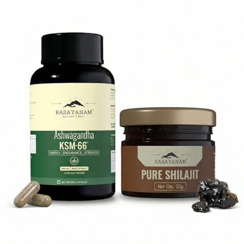 Image of Rasayanam Ashwagandha KSM-66 (60 Veg. Capsules) & Pure Himalayan Shilajit (20g) - Combo Pack | 500mg Pure Root Withania Somnifera Extract & Shilajeet for Increased Energy Levels & Stress Relief