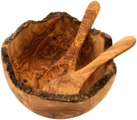~10″ Large Olive Wood Salad Bowl and Spoon Set, Handmade Decorative Centerpiece. Rustic, Unique Home Decor AND Wooden Salad Servers by ELEVATE LIFESTYLE. Handcrafted Gift. (10″ +-0.5″)