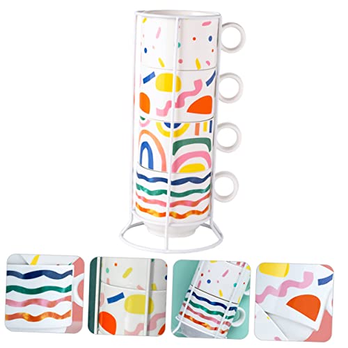 Tasses à café empilables en céramique fine de 200 ml avec rack métallique de style moderne - 8