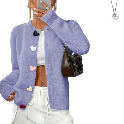 Women Heart Fuzzy Knit Cardigan Sweater, Cozy Solid Cute Rainbow Heart Button Down Cardigan Sweaters Cropped