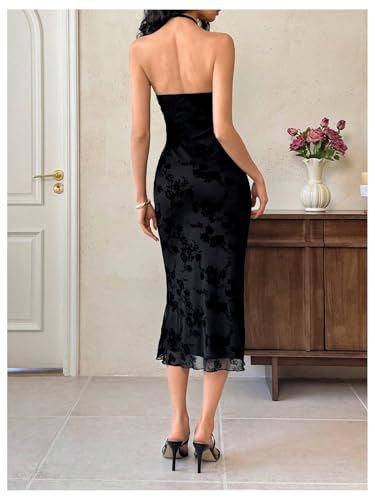 GORGLITTER Women's Mesh Bodycon Midi Dress Gothic Cut Out Halter Top Dresses Party Cocktail 20252