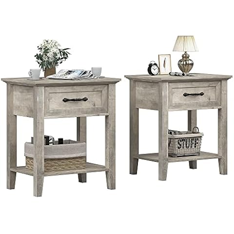 IDEALHOUSE Grey Nightstands Set of 2, End Table with Drawer, Side Table for Spaces, 2 Tiers Storage Shelves with Dresser, Bedside Table for Living Room, Bedroom, Dorm (2pcs-Grey) Cover