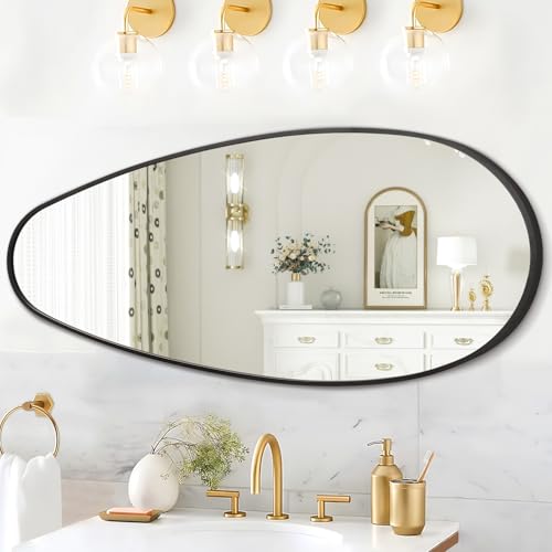 JJUUYOU Grand miroir mural irrégulier en métal noir 98 × 45 cm, asymétrique antirouille, verre trempé, à suspendre horizontalement ou verticalement, miroir de courtoisie pour salon, chambre à coucher