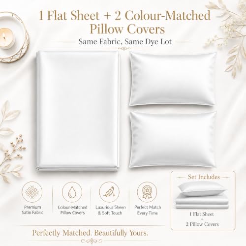 Image of Cloth Fusion Flat Satin Bedsheet Double Size 90x100 inch | White, 2 Pillow Covers, 300 TC, Glossy Finish, Smooth on Hair and Skin, Gift for Couples, Wedding & Anniversary