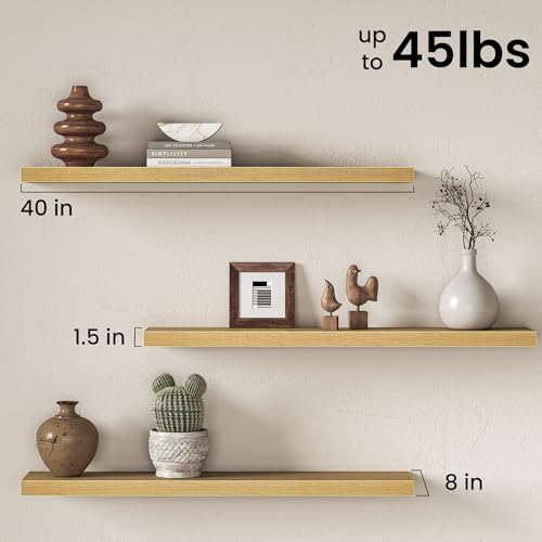 Image of Fun Memories 40Inch Floating Shelves for Wall, 8 Inch Deep Shelves for Bathroom|Bedroom|Kitchen, Large Wall Mounted Wood Hanging Shelf with Invisible Brackets for Home Storage Decor, Oak - 2 Pack