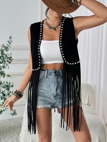 HYTENSUN Women's Fringe Vest 60s 70s Hippie Vest Sleeveless Cowgirl Western Faux Suede Tassel Leather Jacket Hippie Party4